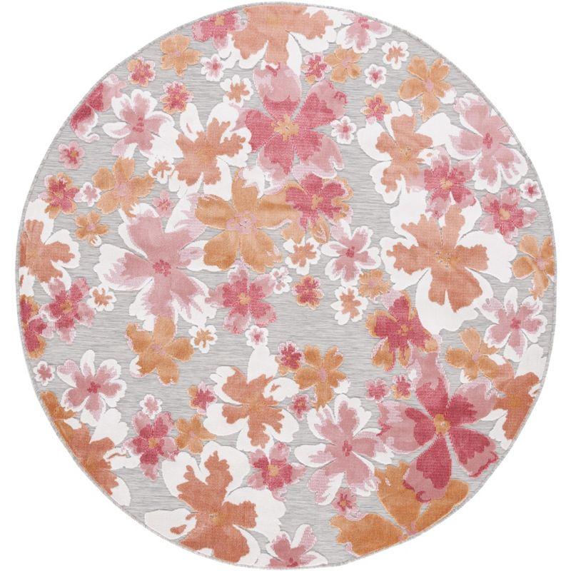 Gray and Pink Floral Round Synthetic Indoor/Outdoor Rug