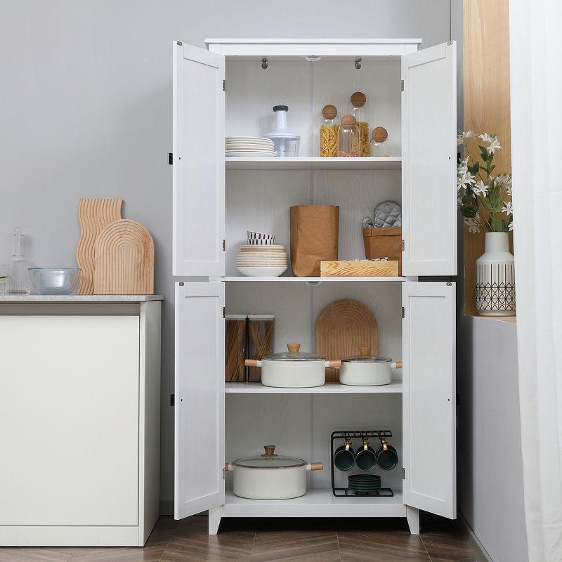 HOMCOM 72" Freestanding Kitchen Pantry Cabinet, Farmhouse Tall Storage Cabinet with 4 Door Cabinets and Adjustable Shelves for Dining Room, White