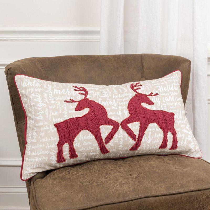 Embroidered Cotton Deer Holiday Pillow Cover, 14" x 26", Red and Beige