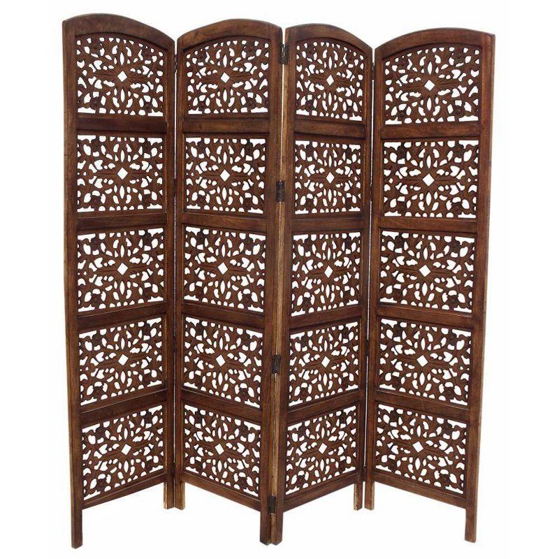 Handmade Dark Brown Mango Wood 4-Panel Room Divider