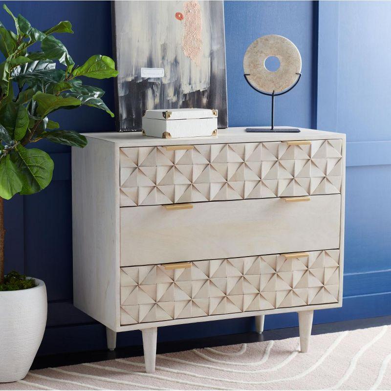 White Wash and Brass 3-Drawer Geometric Chest