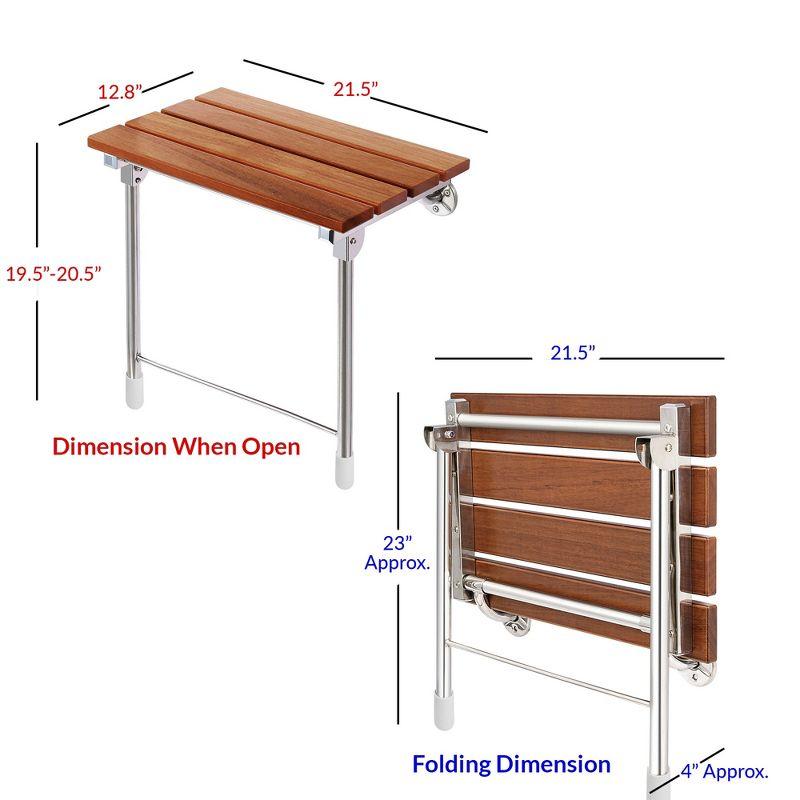 Home Aesthetics Foldable 21.5" Teak Wood Shower Seat Bench with Supporting Legs Wall Mounted