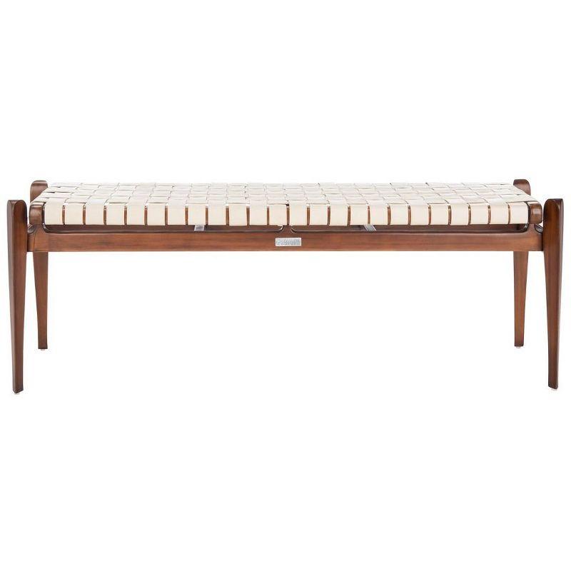 Dilan Sophisticated White Genuine Leather Bench with Mahogany Frame