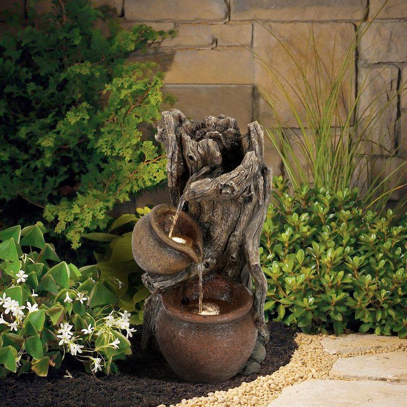 LuxenHome Brown Resin Tree Farmhouse Pots Outdoor Fountain with Lights