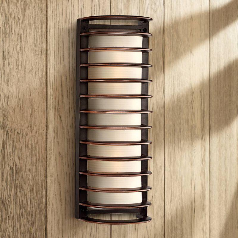 John Timberland Modern Outdoor Wall Light Fixture Rubbed Bronze Grid 16 3/4" Frosted Glass Cylinder for Exterior Porch Patio