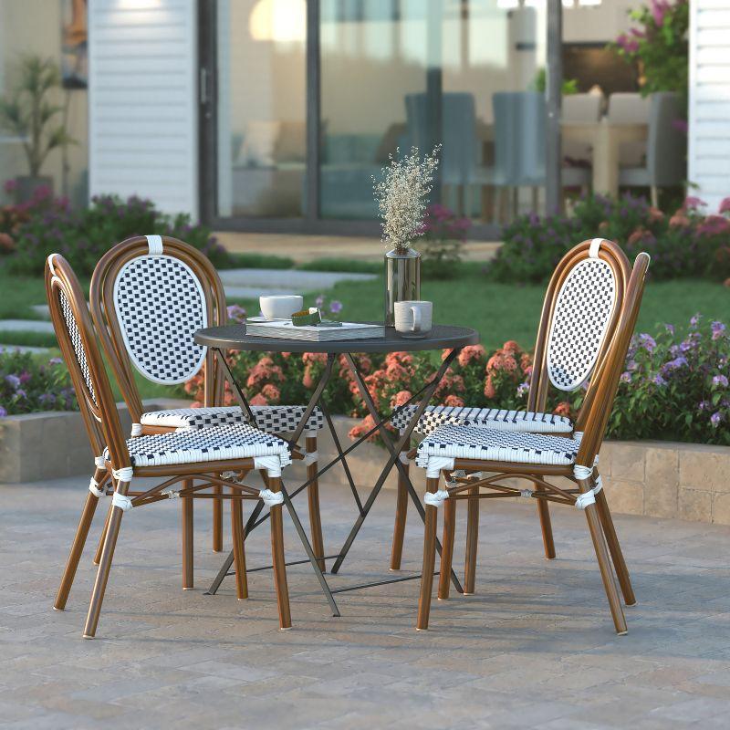 Emma & Oliver Massalia Set of Two Indoor/Outdoor Stacking Thonet Bistro Style Chairs with Black Textilene Seat and Natural Bamboo Finished Metal Frame