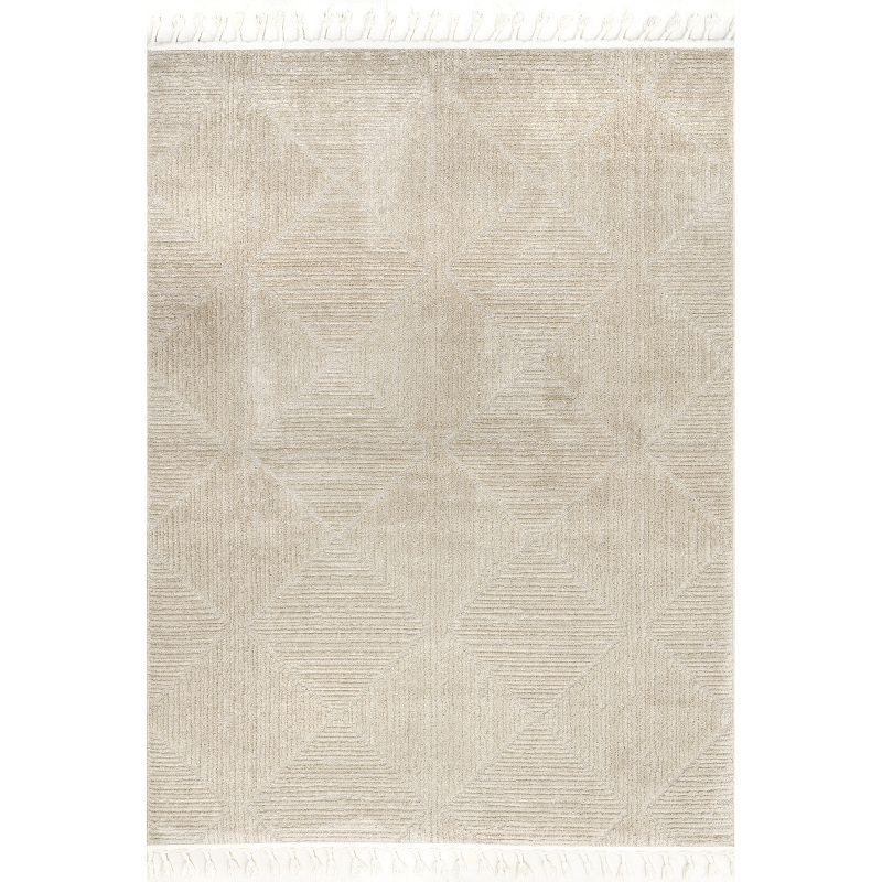 Beige Geometric 4' x 6' Synthetic Area Rug with Tassels