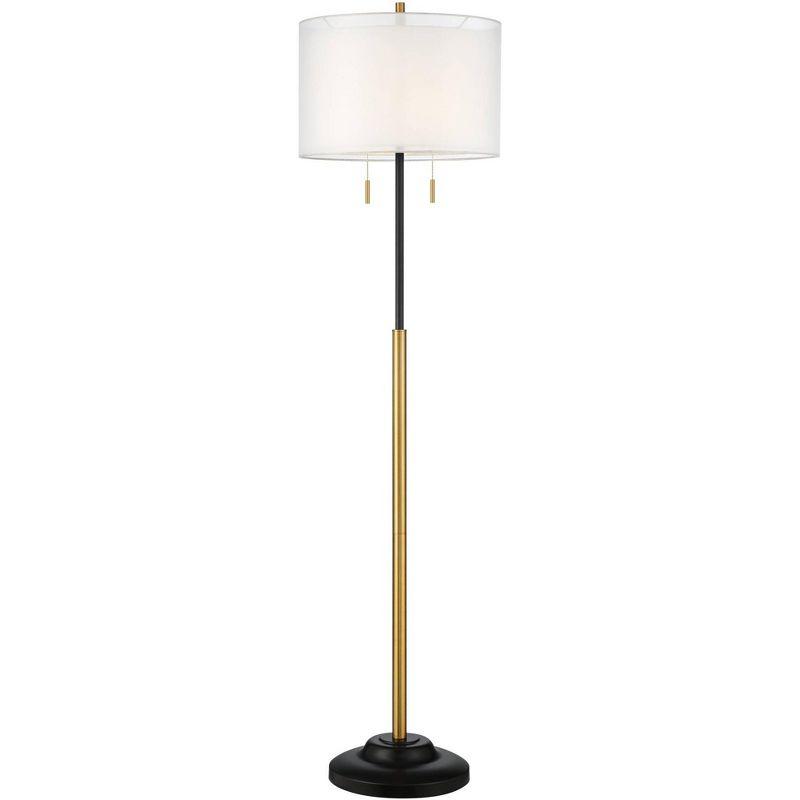 Possini Euro Design Roxie Modern Floor Lamp Standing 65 1/2" Tall Brass Black Metal Sheer Linen Double Drum Shade for Living Room Bedroom Office House