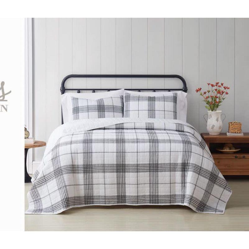 Full/Queen 3pc Cottage Plaid Quilt Set White/Black - Cottage Classics: Cotton Reversible Coverlet with Shams