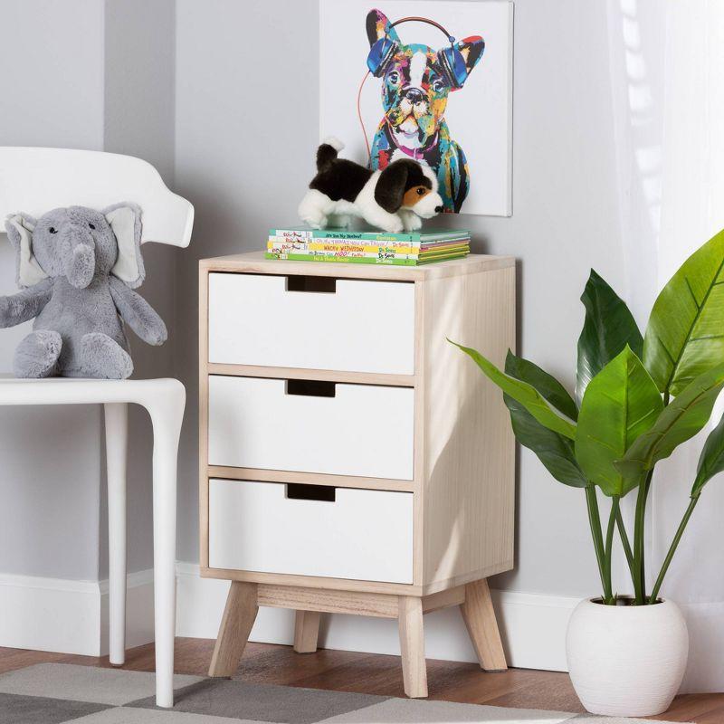 Halian Two-Tone Wood 3 Drawer Nightstand White/Light Brown - Baxton Studio: Scandinavian Style, MDF & Paulownia Frame