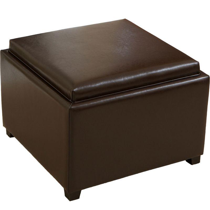 Wellington Leather Tray Top Storage Ottoman Brown - Christopher Knight Home: Footstool, Hardwood Frame