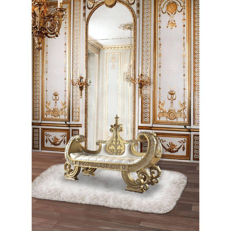 Bernadette White and Gold Synthetic Leather Bench with Intricate Scrollwork