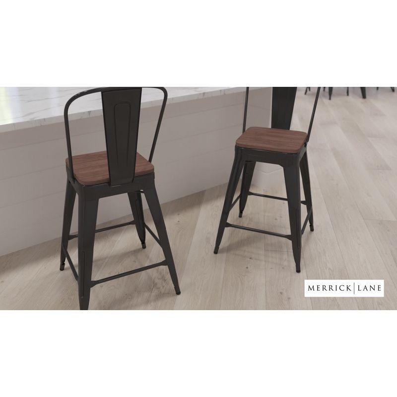 Merrick Lane Metal Dining Stool with Curved Slatted Back and Textured Wood Seat