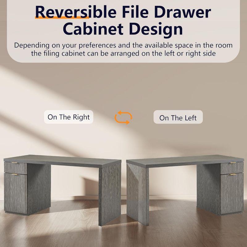 60" Modern Desk with Drawer & Cabinet, Fluted Computer Writing Desk for Living Room, Bedroom, Gray