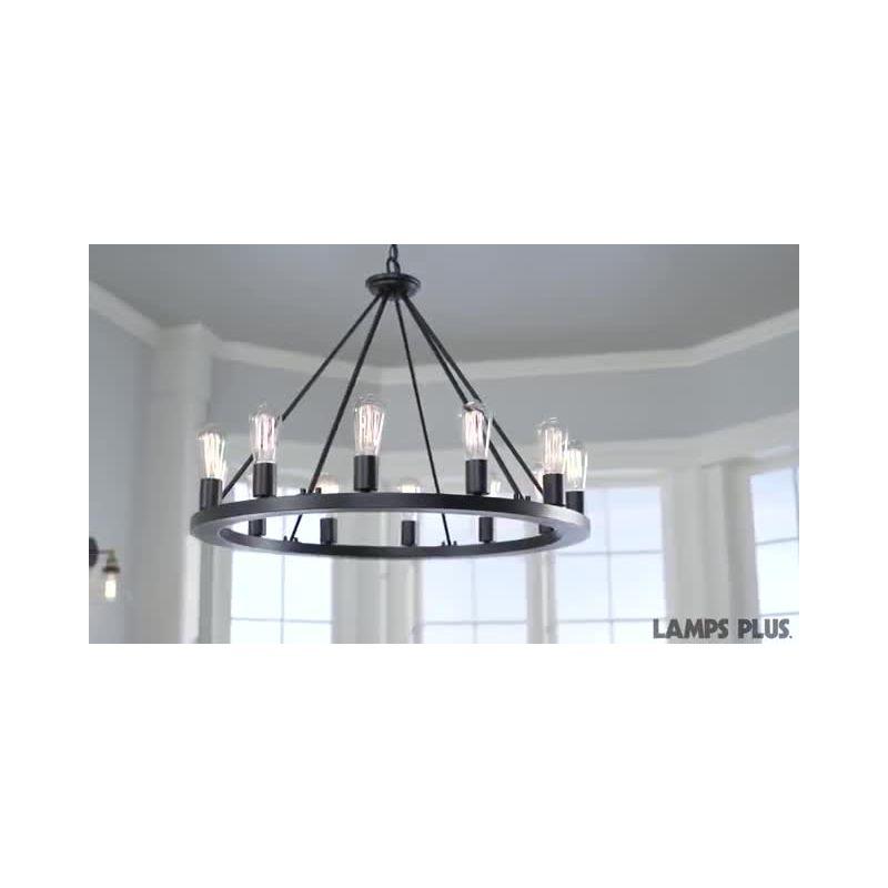 Franklin Iron Works Lacey Black Wagon Wheel Chandelier 28" Wide Industrial 12-Light LED Fixture for Dining Room House Foyer Kitchen Island Entryway