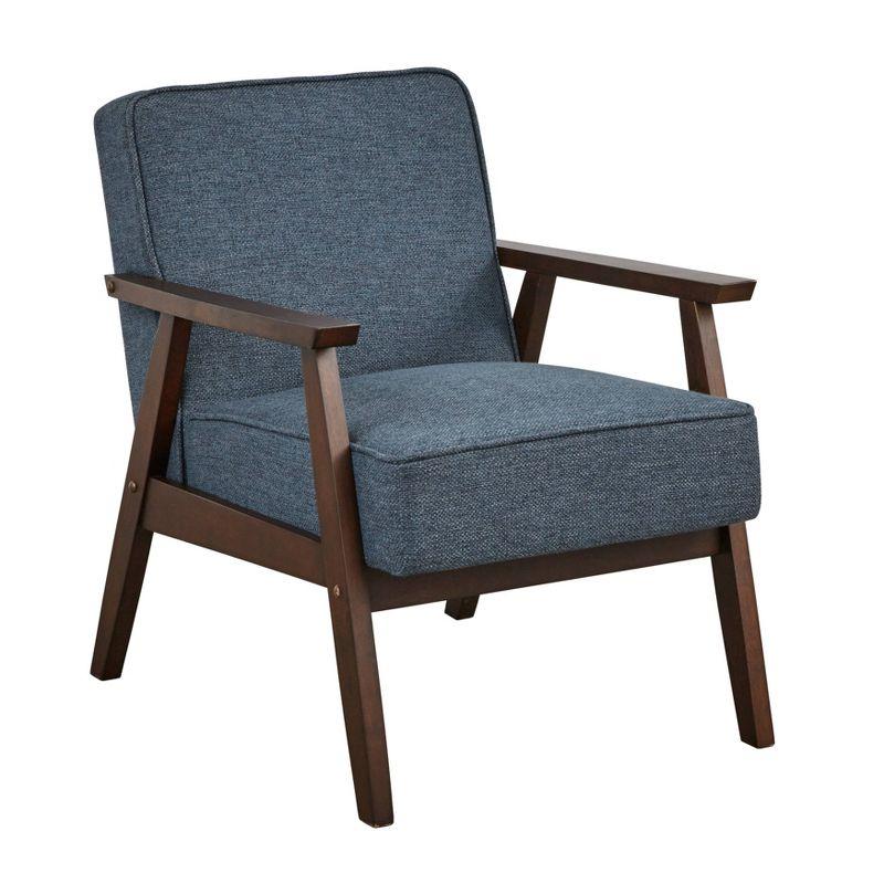 Blue Linen and Rubber Wood Mid-Century Modern Accent Chair