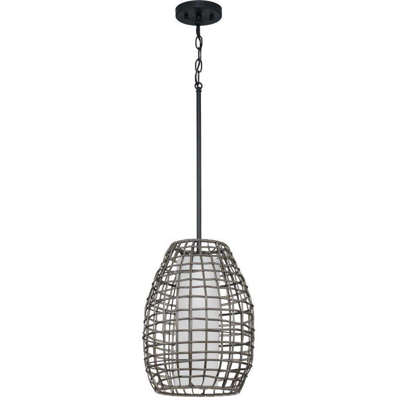 Pawley Matte Black Rattan Outdoor Pendant Light with Etched Glass