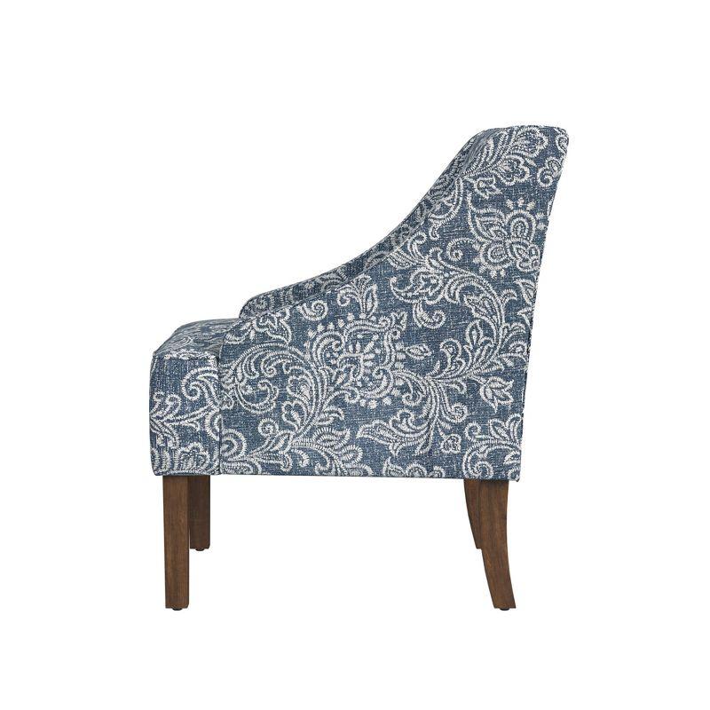 Blue Denim Jacobean Print Swoop Arm Accent Chair with Wood Legs