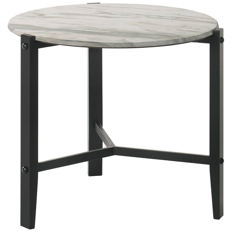 Round White Faux Marble and Black Metal End Table