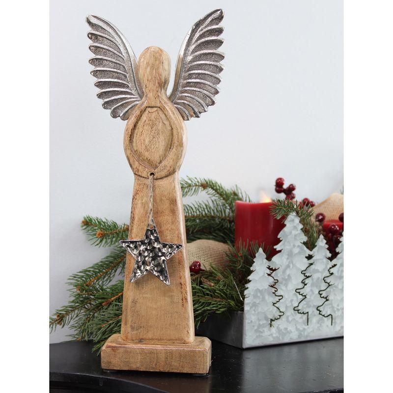 AuldHome Design Wooden Angel Christmas Statue; Farmhouse Holiday Decor Handmade Wood and Metal Figurine