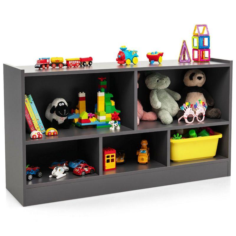 Costway Kids 2-Shelf Bookcase 5-Cube Wood Toy Storage Cabinet Organizer Grey
