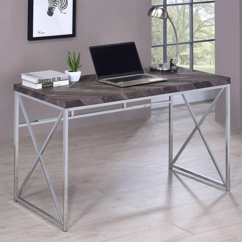 Rustic Gray Herringbone Wood Writing Desk with Metal Base