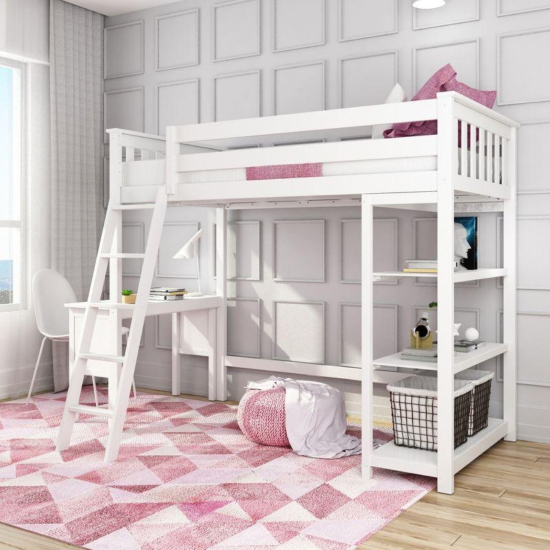 Max & Lily Loft Bed, Solid Wood Twin High Loft Bed with Bookcase and Desk for Kids, White