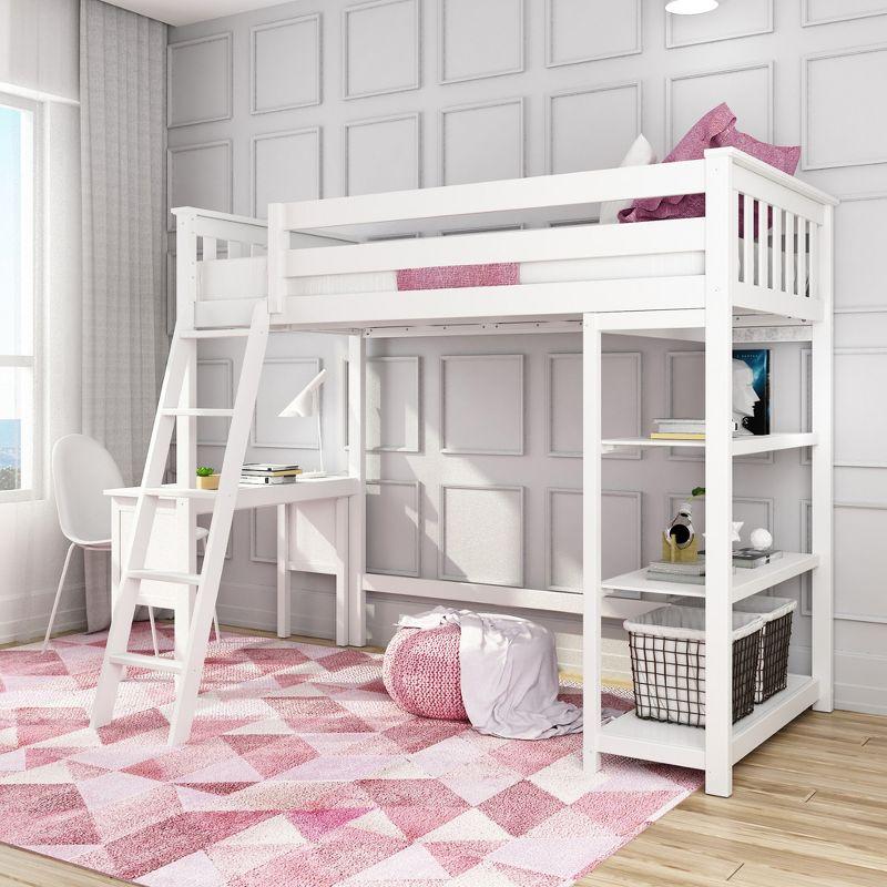 White Twin High Loft Bed with Bookcase and Desk