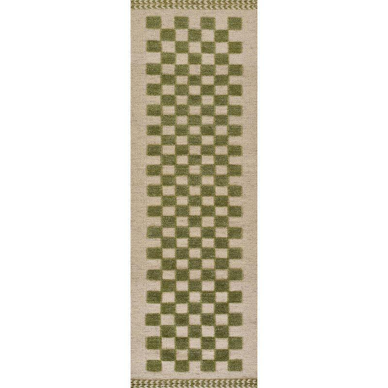 Green and Beige Handwoven Wool Checkered Runner Rug