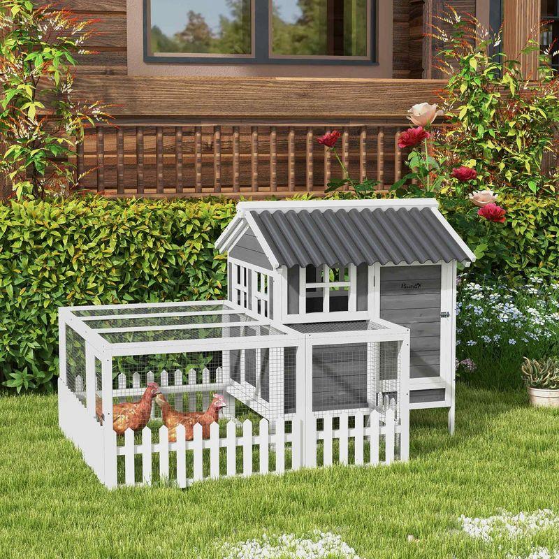 PawHut Wooden Chicken Coop with Run for 3 - 4 Chickens, Hen House with Nesting Box, Removable Tray, Fence, Outdoor Poultry Cage, 68" x 59" x 42", Gray