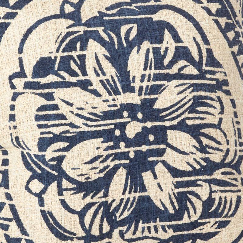 Navy and Beige Floral Distressed Cotton Lumbar Pillow