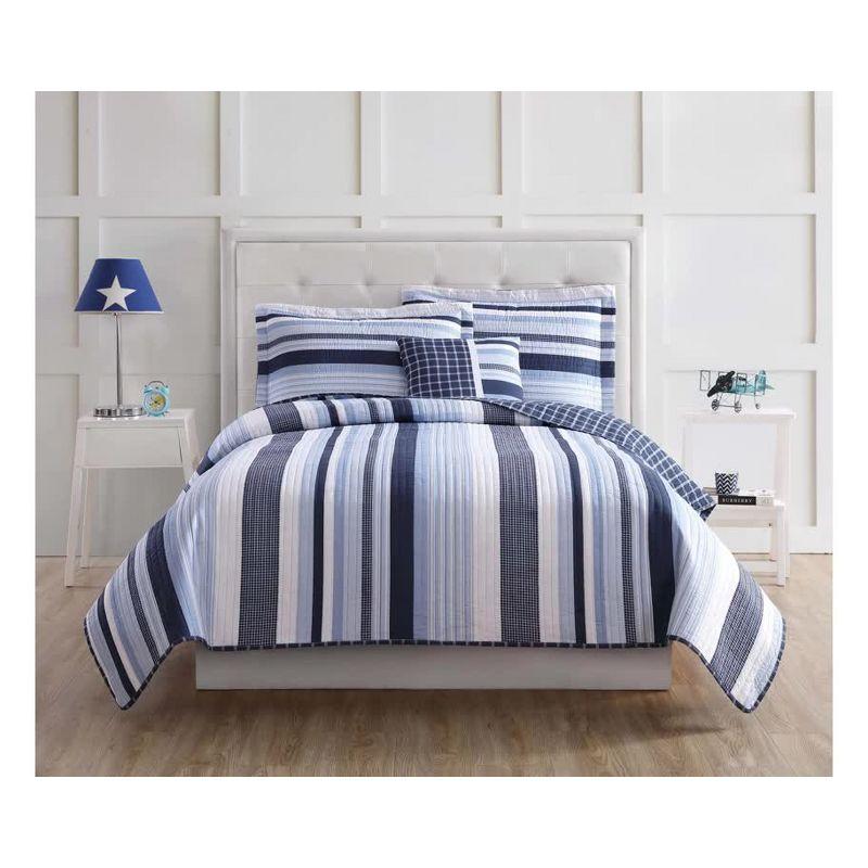 Blue Striped Twin Microfiber Reversible Comforter Set