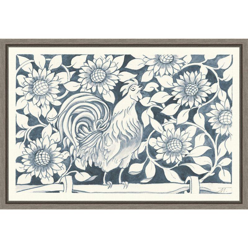 Rustic Farmhouse Blue and White Canvas Rooster Print with Gray Frame