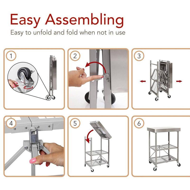 Origami RBT Fully Stainless Steel Foldable Kitchen Cart with 4 Professional Grade Caster Wheels Holds Up To 100 Pounds, Silver