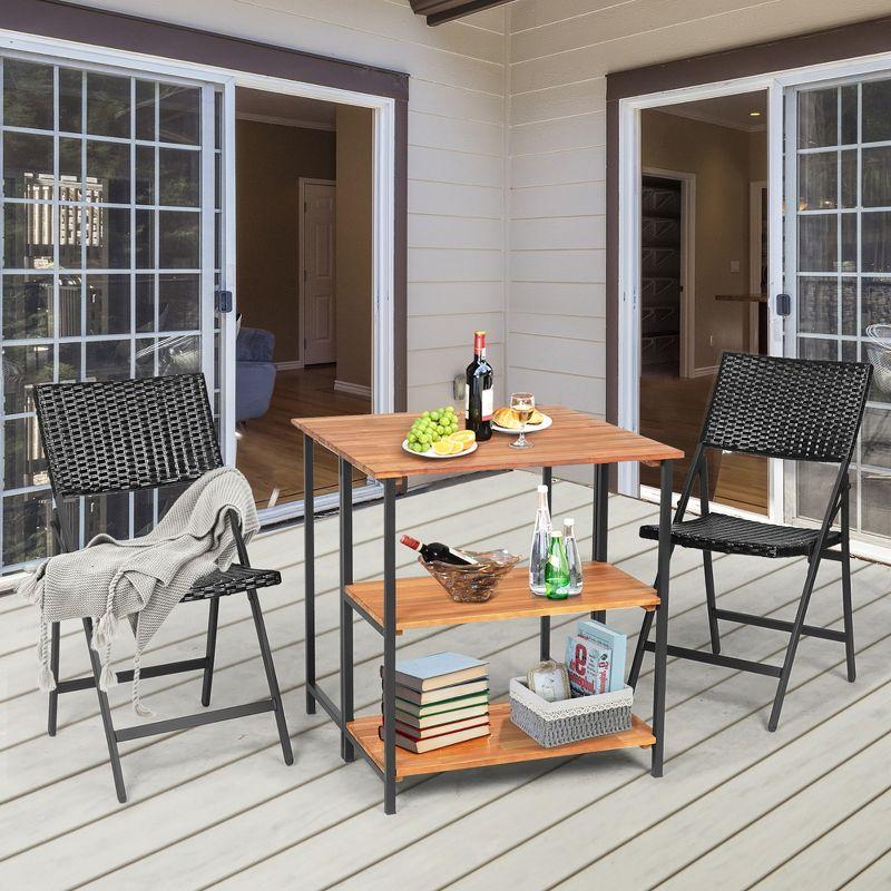 Acacia Wood and Steel Folding Dining Table with Storage Shelves