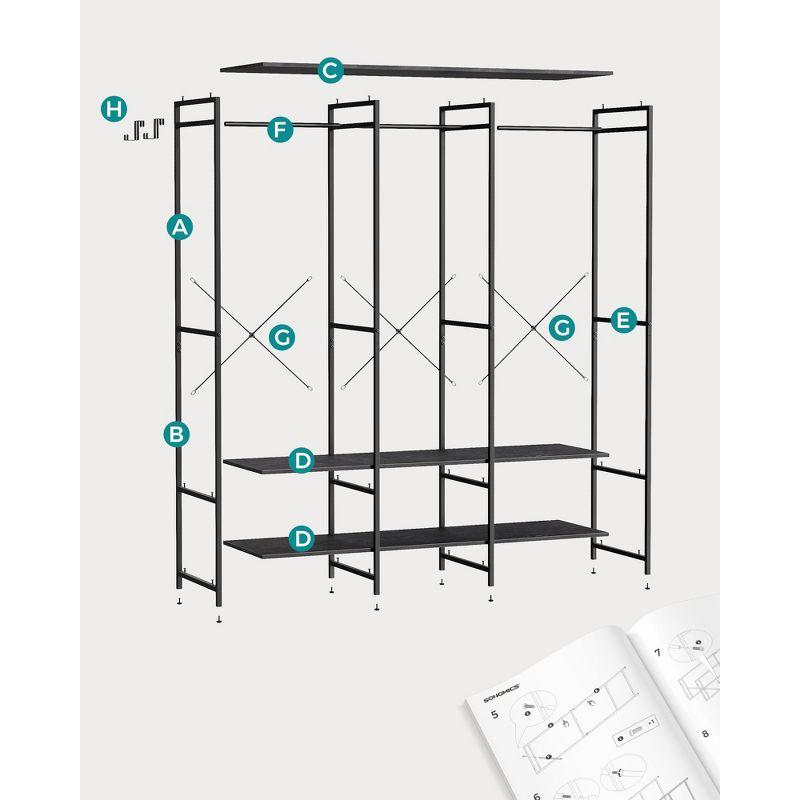 SONGMICS Clothes Rack, Iron and Wood Wardrobe Closet Organizer, Heavy Duty Garment Rack with Hanging Rods, Ebony Black