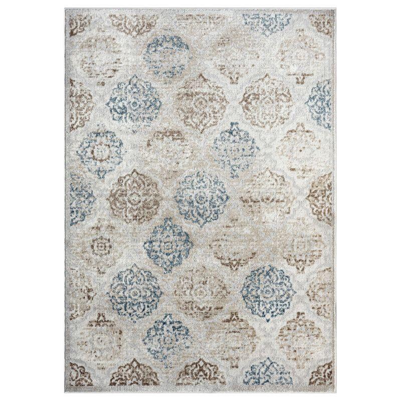 Ivory and Navy Blue Tufted Rectangular Synthetic Area Rug