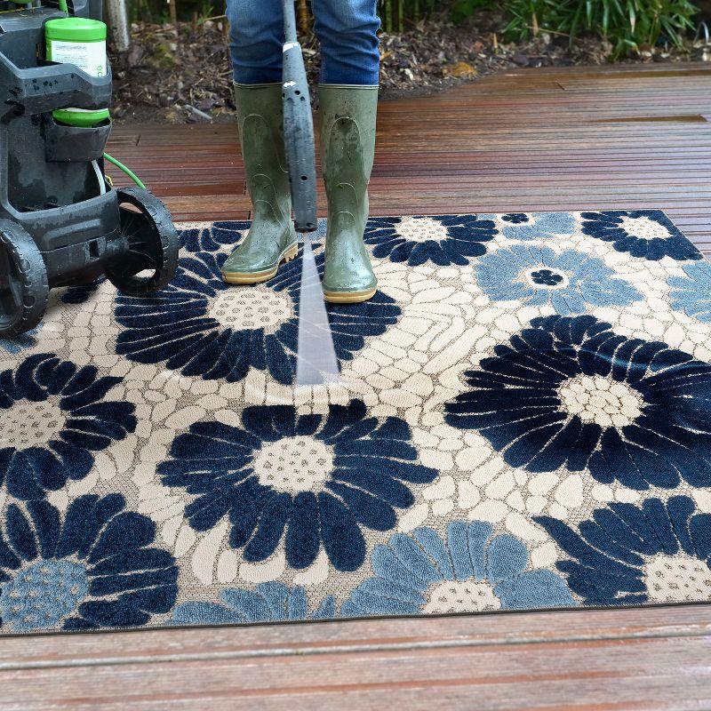 World Rug Gallery Palermo Modern Floral Indoor/Outdoor Area Rug - Navy 5' x 7':  Weather-Resistant,  Low Pile,  Botanical Pattern