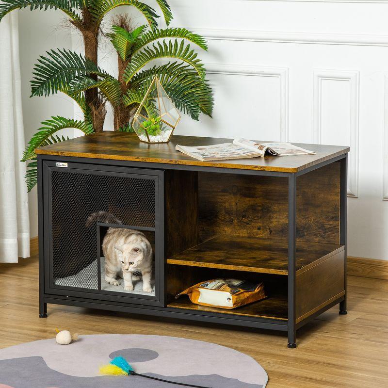 Wood & Steel End Table Pet House With Cushion And Sliding Doors