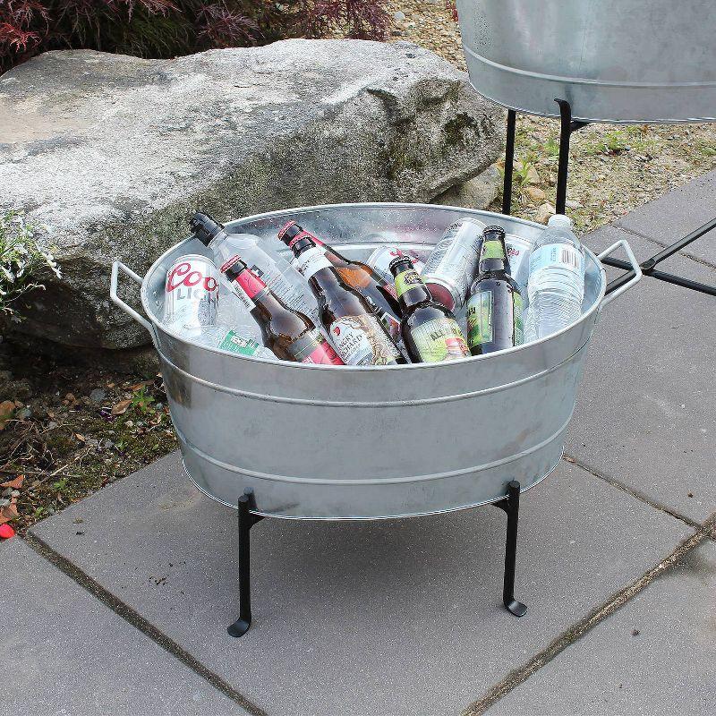 24" Classic Oval Galvanized Tub With Folding Stand Steel - ACHLA Designs: Wrought Iron Beverage & Plant Stand