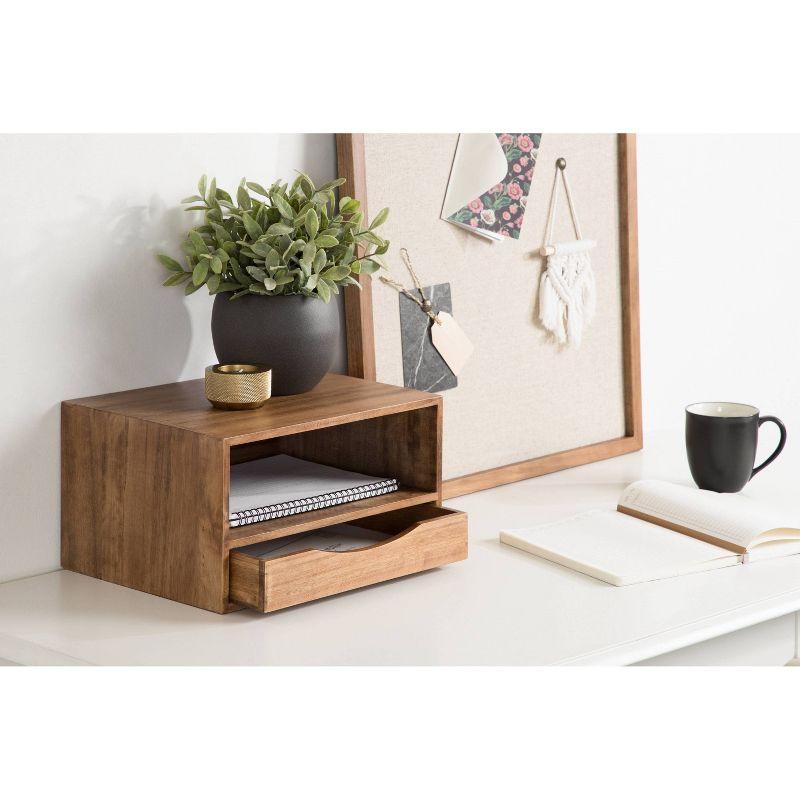 Rustic Brown Poplar Wood Floating Wall Shelf with Drawer