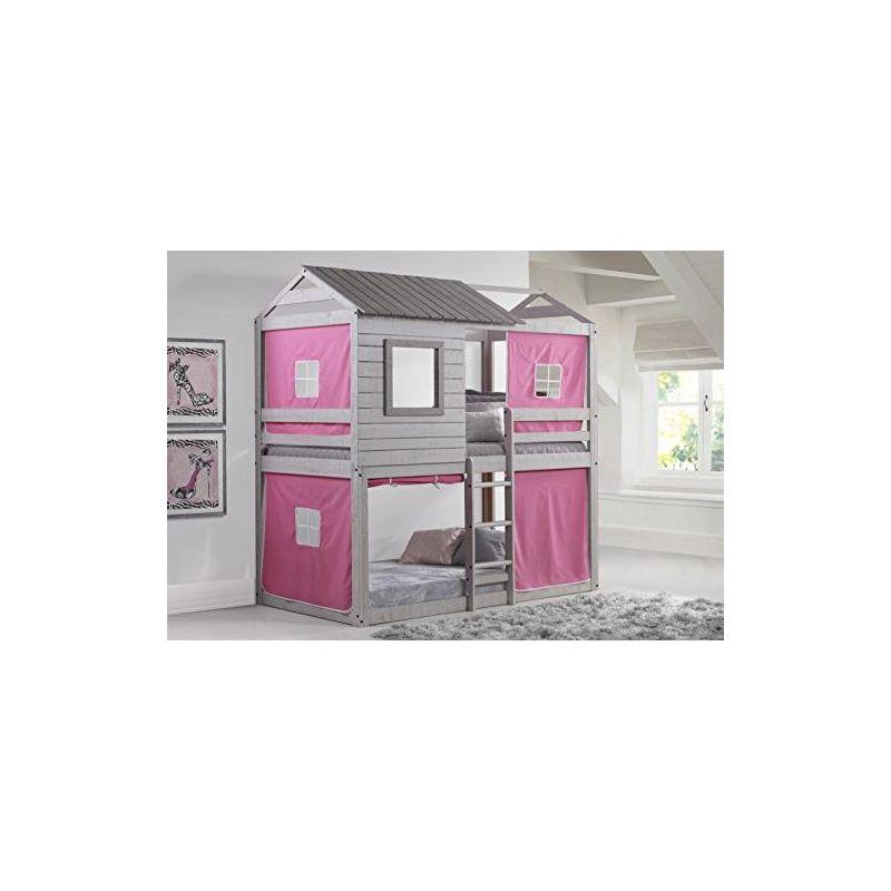 Donco Kids Deer Blind Twin Over Twin Rustic Grey House Bunkbed With Pink Tent