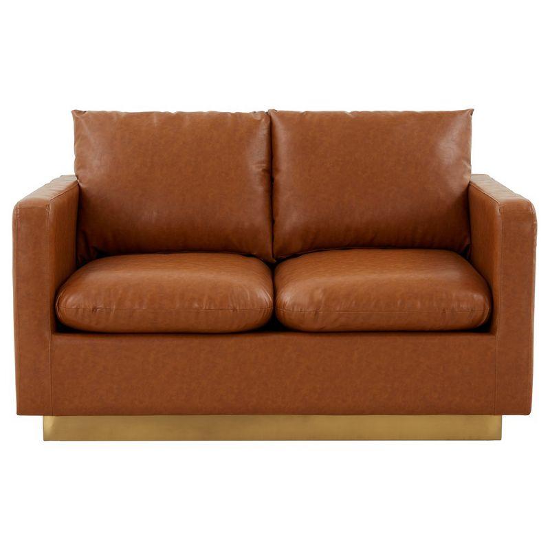 LeisureMod Nervo Mid-Century Modern Upholstered Faux Leather Loveseat with Gold Frame in Cognac Tan