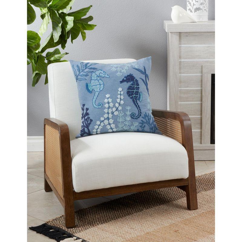 Blue Embroidered Seahorse Coastal Medium Throw Pillow