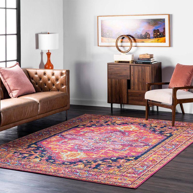 Vonda Pink and Orange Synthetic Round Area Rug, 5' Diameter