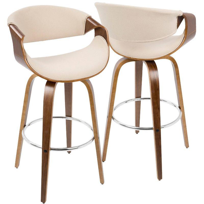 Set of 2 Curvini Mid-Century Modern Bar Height Barstools Walnut/Cream - LumiSource: Swivel, Padded Back, Wood Frame