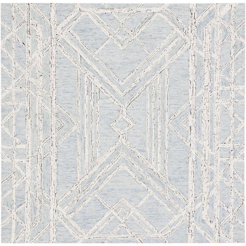 Light Blue Wool Hand-Tufted Geometric Square Rug