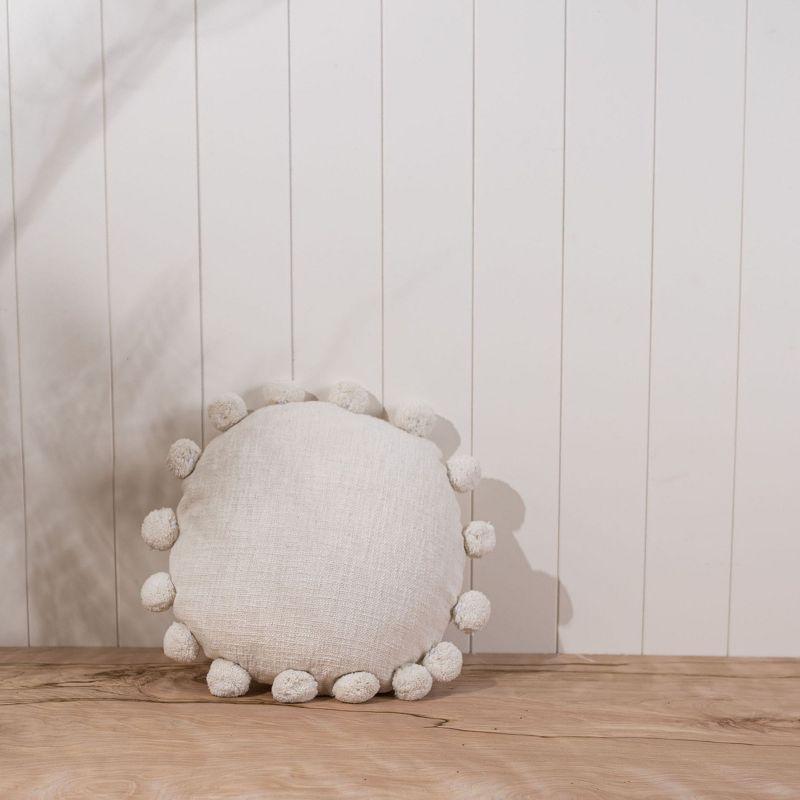 White Cotton Round Pillow with Pom Poms 16x16