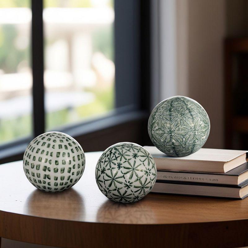 Sagebrook Home Set of 3 Ceramic Orbs - 4" Set of Green and White Decorative Round Table Orbs for Home or Office Decor