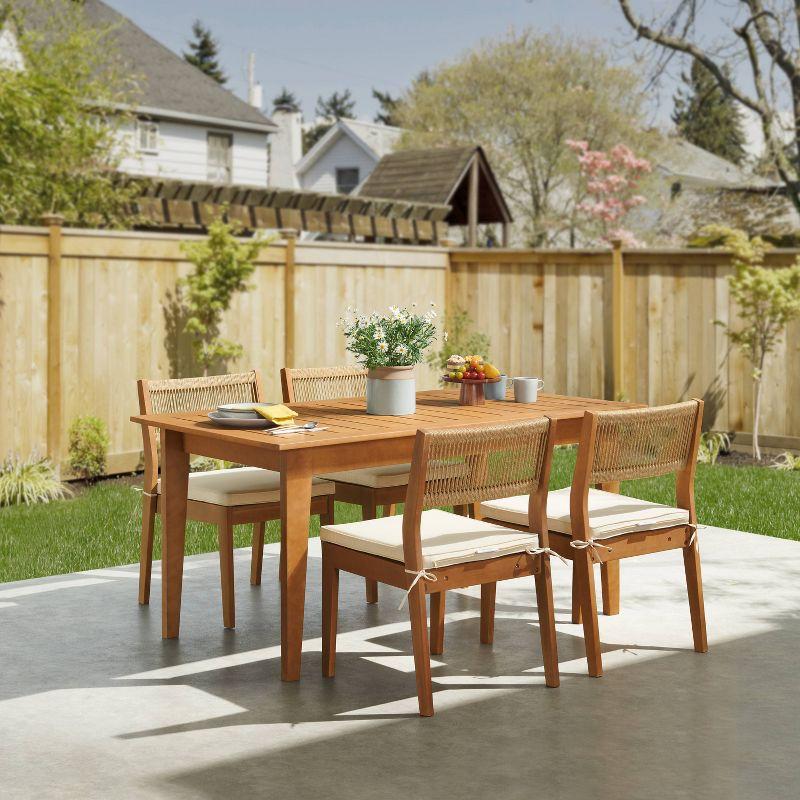 Pomona 5 Pc Patio Dining Set Wood One 63" Outdoor Dining Table 4 Stackable Chairs With Cushions